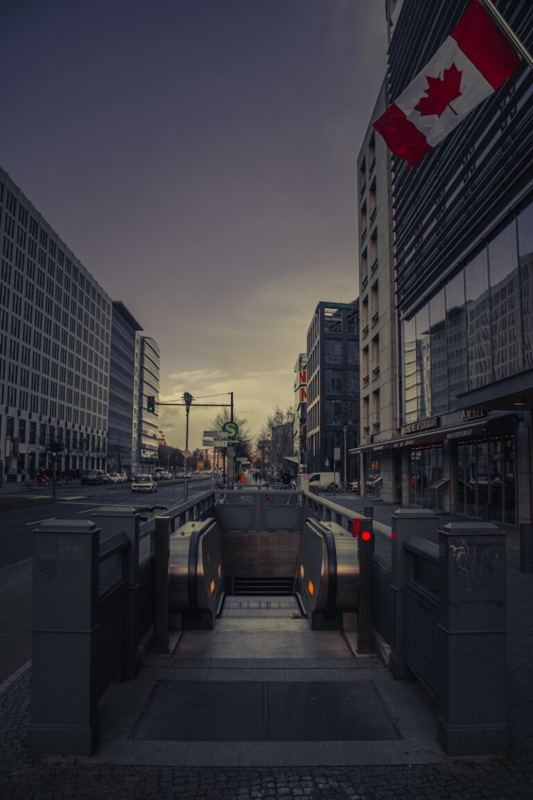 a train station with a flag