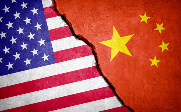 USA and China conflict. Country flags on broken wall. Illustration